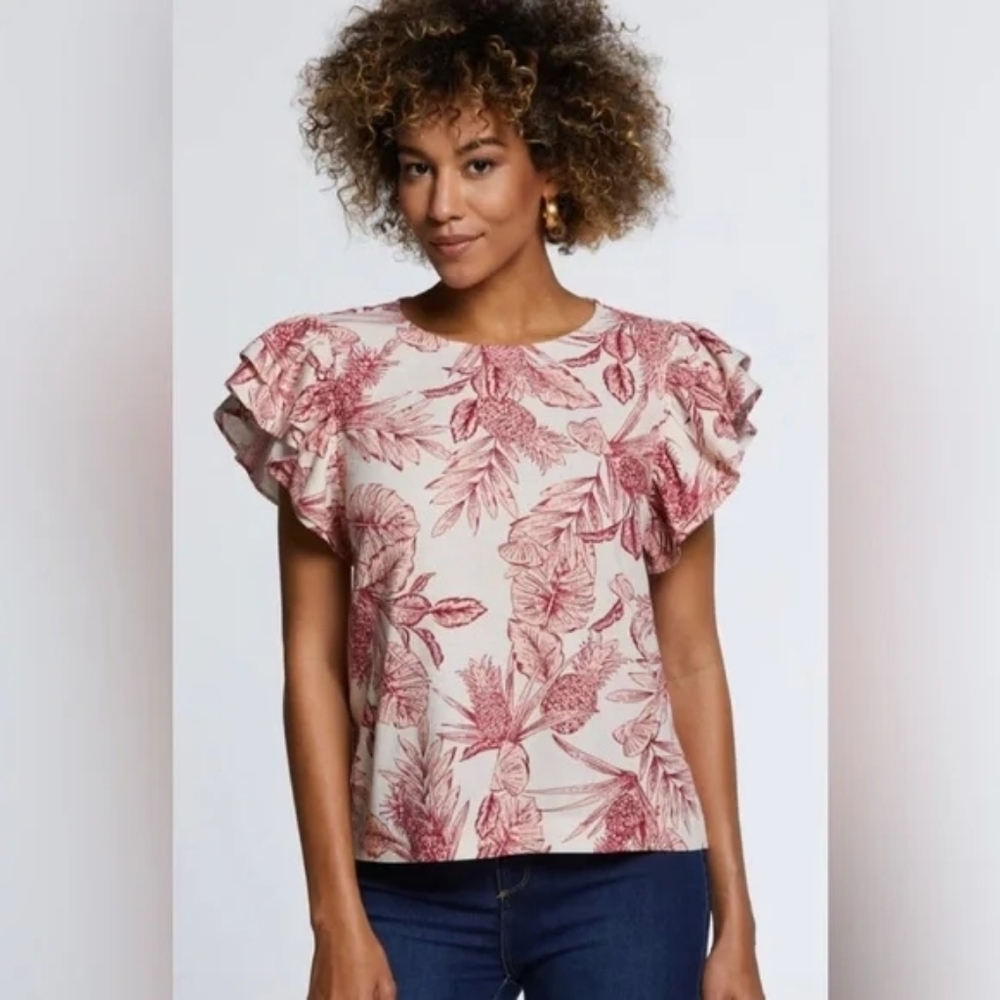 Rafaella Floral Ruffle Sleeve Top Pink & White Medium Euc